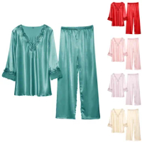 Ice Womens Nightgowns for Sleeping Silk Pajamas Set for Women Womens Pajamas Set Long Sleeve Sleepwear Silk Pajama Set Women