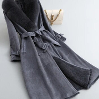 fur collar genuine leather rabbit fur integrated coat for women's knee length windbreaker 2023 Haining fur coat