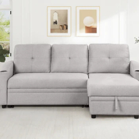 80.3" Pull Out Padded Linen Fabric Upholstered 3 Seater Sofa Bed , with Storage Chaise and Cup Holder