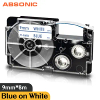 Absonic 9mm*8m Label Tape XR-9WE XR9WE XR-9WEB Blue on White Compatible for Casio Labeler XR9WEB KL-60 KL-120 Label Typewriter