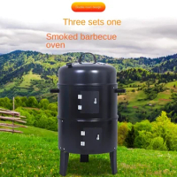 Barbecue Outdoor BBQ Round Charcoal Stove Bacon Portable 3 in 1 Double Deck Smoker Oven Camping Picnic Cooking Tool