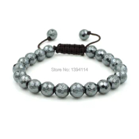 10mm Natural Hematite Faceted Round Beads Hand-knitted Strand Bracelet Centipede Knot