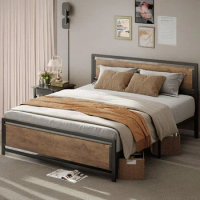 Metal Platform Bed Frame with Wooden Headboard, 15 Iron Slats, Large Underbed Storage, No Box Spring Needed, Bed Bases