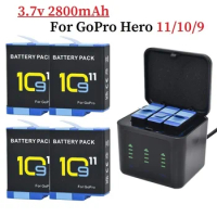 2800mAh for GoPro Hero 11 10 9 Three-Ways LED Light Battery Charger Battery Storage For GoPro 11 10 9 Accessories