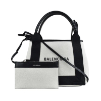 【Balenciaga 巴黎世家】BALENCIAGA巴黎世家NAVY LOGO帆布搭牛皮肩背斜背子母包(迷你/白x黑)