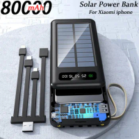 80000mAh Solar Power Bank Solar Charger Built Cables USB Ports External Charger Powerbank with LED Light for Xiaomi Iphone