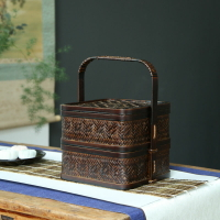 手工竹編食盒 提盒收納盒 茶道配件 做舊復古色 竹籃 插花
