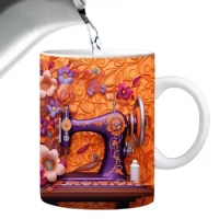 Sewing Painted Mug Ceramic Sewing Painted Cup Dishwasher Safe Novelty Coffee Mug With 3D Floral Sewing Machine For Tea And