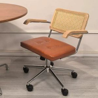 全城熱賣 - 中古藤編電腦椅子靠背家用學習椅可旋轉升降辦公椅舒適久坐書桌椅原木色靠背+紅棕色坐墊+扶手【原木靠背+升降旋轉】鋼制腳固定扶手