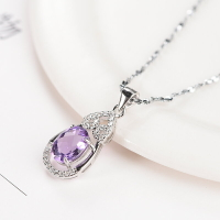 彩寶 925純銀天然紫水晶吊墜愛心銀項鏈女鎖骨鏈送女友禮物