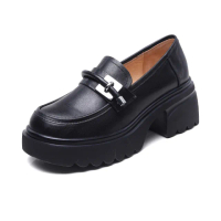 【Vecchio】真皮樂福鞋 粗跟樂福鞋/全真皮頭層牛皮個性一字釦帶設計厚底粗跟樂福鞋(黑)