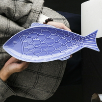創意魚盤海洋藍色長條盤個性異形盤造型盤餐桌擺盤北歐風格大盤子創意餐盤 簡約餐盤 廚房小物
