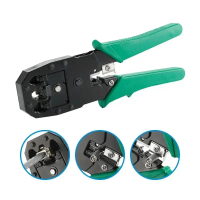 RJ45 เครื่องมือจีบ, 1 ชุด, แบบพกพา, สำหรับสายเคเบิลเครือข่ายอีเทอร์เน็ต, พร้อมเครื่องมือตัดและตัวลอก