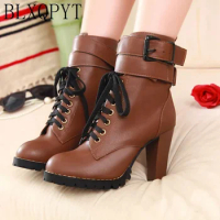 Plus Size 34-48 Winter Ankle Boots Women Platform High Heels9cm Female Lace Up Shoes Buckle Woman Short Boot Footwear 918