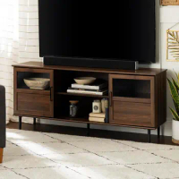 Glass TV Stand with 2 Cabinet Doors for TV's up to 65" Flat Screen Universal TV Console Living Room Storage Shelves