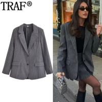 TRAF 2024 Striped Blazer For Women Autumn Winter Women's Coat Office Wear New In Coats Casual Long Sleeve Oversize Blazer Woman