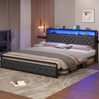 King Size Bed Frame with LED Lights Platform Bed with Headboard Storage Easy to assemble for indoor bedroom furniture