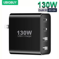 Ubigbuy 130W Type C Charger GaN III 4-Port USB-C PD 100W 65W Fast Charging Adapter for iPhone Samsung Xiaomi Phone MacBook Pro