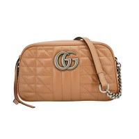 二手品 Gucci 古馳 GG Marmont 绗縫銀鏈小號斜背包-24cm(447632-奶茶色)