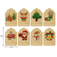 50pcs Merry Christmas Stickers Kraft Gift Tag 8 Designs Santa Claus/Snowman/Elk/Tree Holiday Cards Gift decor Label DIY Xmas