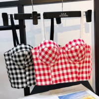 2022 Mesh Push Up Bralette Retro Bouncy Plaid Camisole Outside Wearing Short Navel Top Full Cup Gath