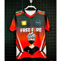 Free Fire เสื้อยืด Man ผู้ชาย အင်ကျီ ดีไซน์สีแดงและดำ ลาย Free Fire สำหรับเกมเมอร์