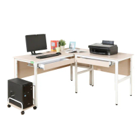 【DFhouse】頂楓150+90公分大L型工作桌+2抽屜+主機架-楓木色