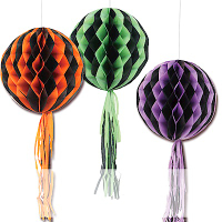 摩達客 萬聖節派對-時尚蜂窩式流蘇紙燈籠圓花球吊飾三入組(紫黑+綠黑+橘黑)