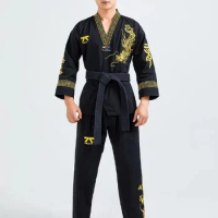 Black Professional Taekwondo Uniform Men's Unisex Coach Set Black Belt Karate Judo Martial Arts Adult WTF Clothing Long Sleeve
