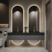 Designer Customized High-end Villa Light Luxury Rock Slab Integrated Basin Bathroom Cabinet Combination Double Mirror Wash