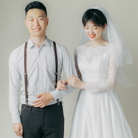 緞面輕主婚紗禮服新款長袖新娘氣質森系超仙小個子齊地一字肩