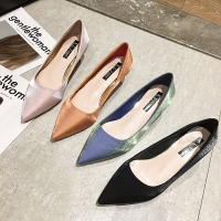 尖頭低跟鞋女5cm2022春新款網紅高跟鞋簡約百搭緞面中跟細跟單鞋