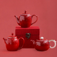 New Chinese Teapot Ceramic Red Wedding Gift Tea Set Accessories Household Simple Kung-Fu Tea Beauty Shoulder Single Pot