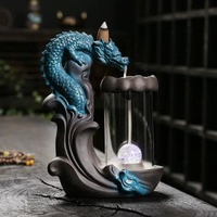 陶瓷檀香倒流香爐工藝品 創意防風罩大中龍LED燈香爐家居擺件