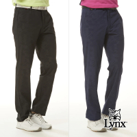 【Lynx Golf】男款防潑水四面彈性山貓精美壓光印後腰LOGO針織帶剪接平口休閒長褲(二色)