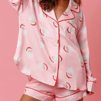 Women Christmas Pajama Set Santa Print Long Sleeve Tops and Elastic Shorts for Loungewear Soft Sleepwear for Nightwear