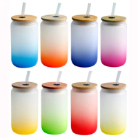 1Pcs Gradient Color Sublimation Glass With Bamboo Lid Sublimation Beer Can Borosilicate Glasses Jar Cups Mug With Resue Straw