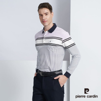 Pierre Cardin皮爾卡登 男款 棉質混紡定位橫條紋印花長袖POLO衫-白色(5225298-90)