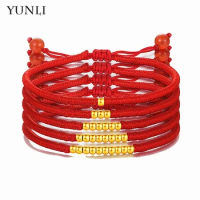 YUNLI Pure 24K 999 Gold Ball Bracelet Handmade Adjustable Lucky Red String for Women or Children Fine Jewelry Birthday Gift