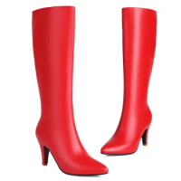 Elegant Women's Knee High Boots Red Brown Black Heeled Long Boot Female Large Size 48 Autumn Winter Party Shoes Ladies Footwear