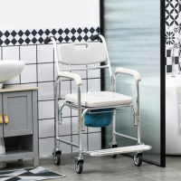Shower Commode Wheelchair with Padded Seat, Transport Beside Commode Chair, Waterproof Rolling Over Toilet Chair 330 lbs.