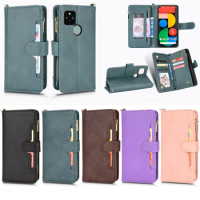 For Google Case Integrated Wallet Flip Leather PU Scratch Resistant Business Long Short Lanyard For Google Pixel 5 Zipper Pouch