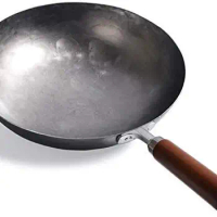 Hand Forged Wok Traditional Home Hand Hammered Uncoated Carbon Steel Pow Wok with Wooden Helper Handle and Ring