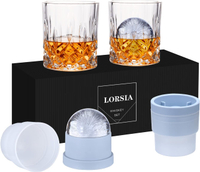 Whiskey Rocks Glass Set of 4 (2 Crystal Bourbon Glasses 2 Round Big Ice Ball Molds) In Gift - 10 Oz