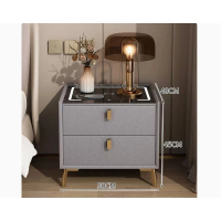 智能床頭櫃輕奢高級感 (【智能款】【實木抽屜+三色燈+無線充電+超纖皮】淺灰色50*40*45cm） 