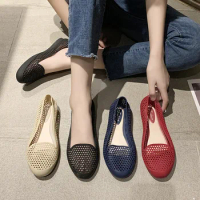 hollow out flat jelly shoes woman soft bottom cutout summer flats pvc espadrilles women round toe jelly loafer moccasins shoes