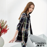 【MYSHEROS 蜜雪兒】格紋抽繩翻領高含棉長版外套-藍