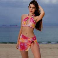 3 Pieces Bikini Set With Skirt Tie Dye Gstring Thong Bathing Suit Women Swimsuit Female Swimwear Beachwear Swim Lady Summer 2024