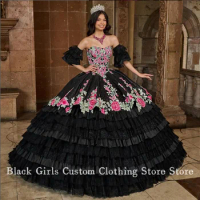 Luxury Sweetheart Corset Quinceanera Dress Black Elegant 3D Floral Embroidered Lace Puffy Mexican Princess Dress ball gown