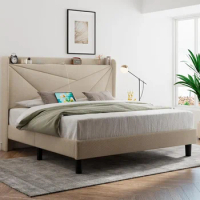 Bed frame,king-size C-shape and USB ports,upholstered bed frame with wingback storage headboard,bedroom bed frame